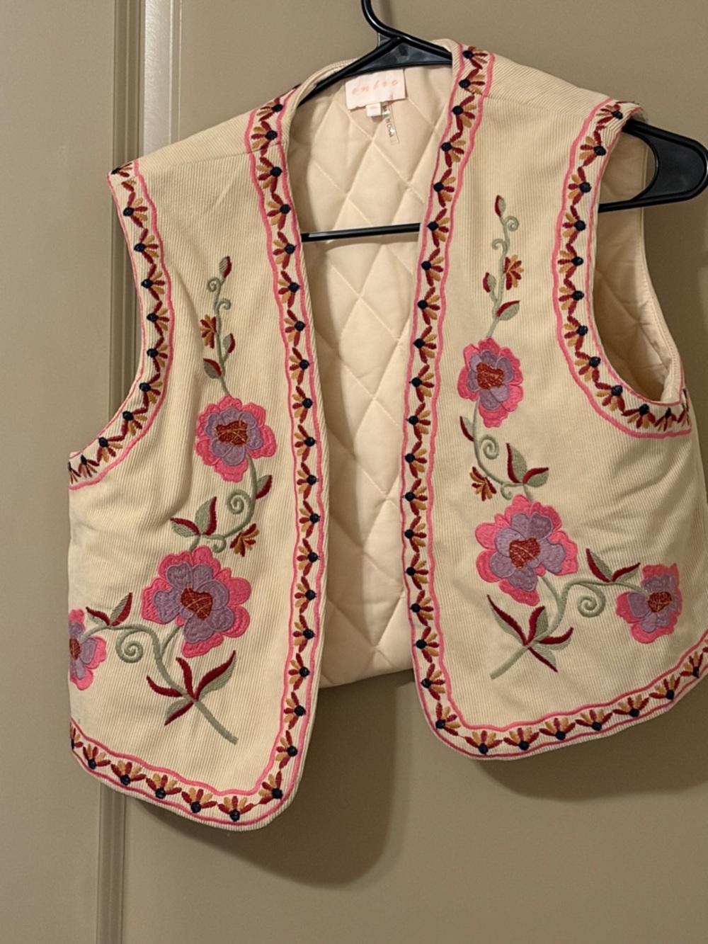 entro Cream Quilted Vest with Pink Floral Embroidery